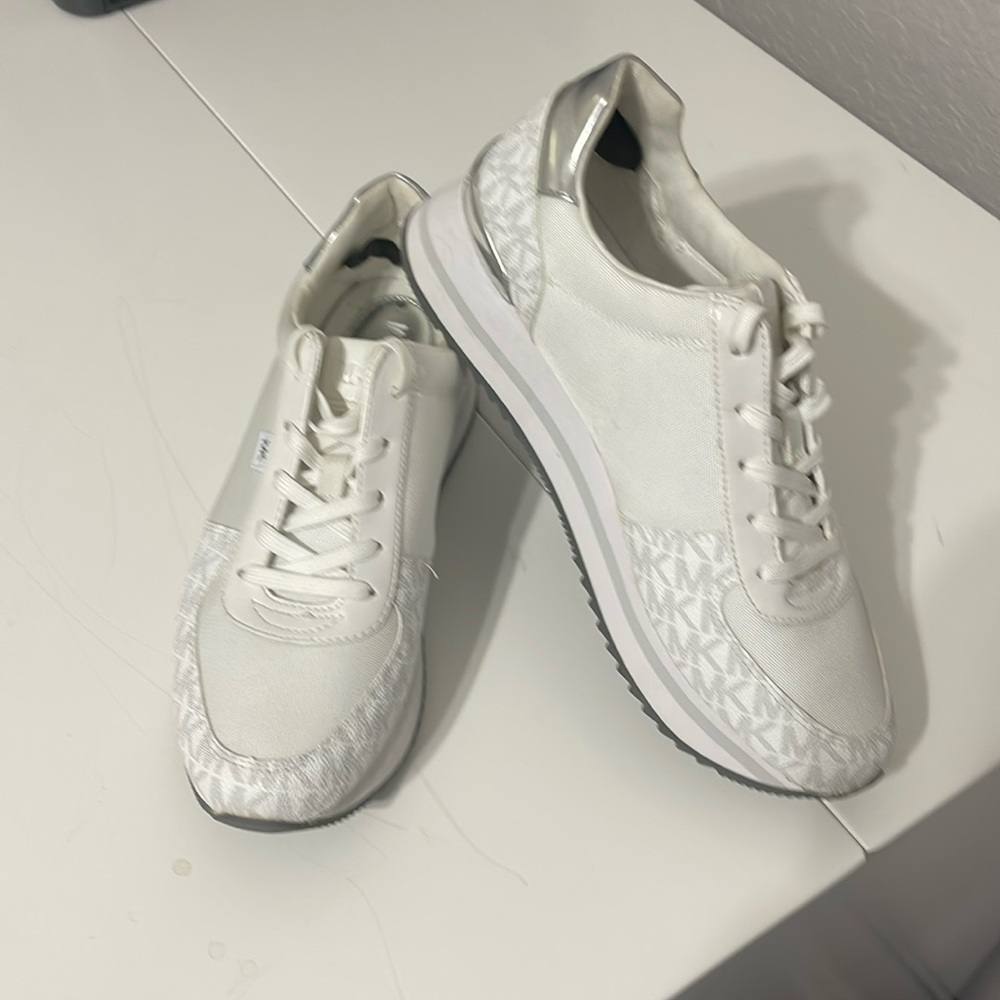 Michael Kors, white and silver, fashion sneakers.